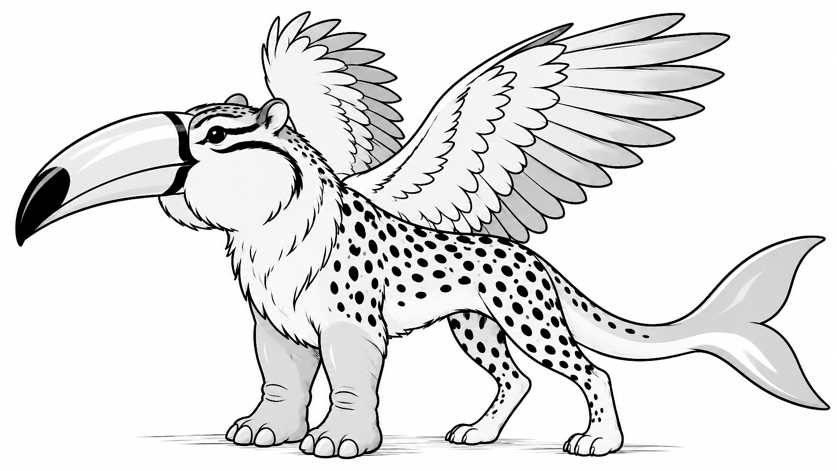Illustration of a hybrid animal: toucan beak, chipmunk head, eagle wings, wolf chest fur, hippo legs, cheetah body and dolphin tail
